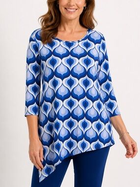 Susan Graver QVC Blue Geometric Print Top Small Asymmetrical Hem Career Office